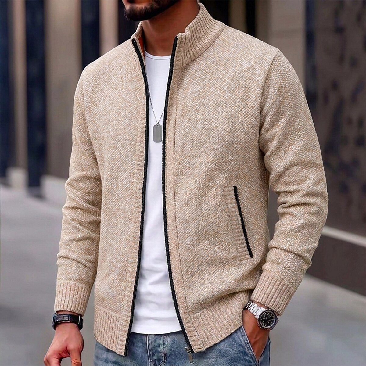 Fleece-Strickjacke mit Reißverschluss und Rippenstrick