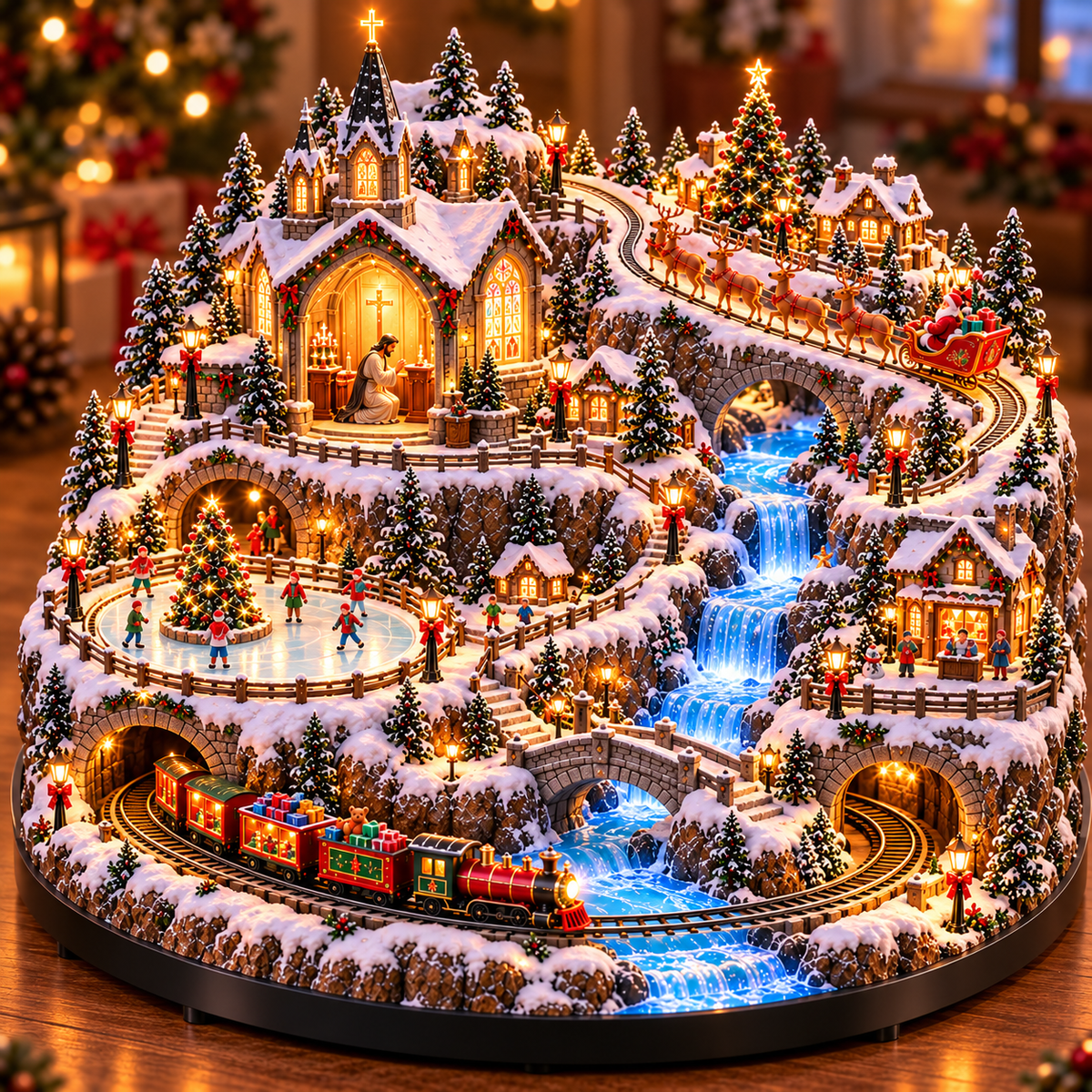 Beleuchtetes animiertes Weihnachtsdorf mit Zug, Rentierschlitten und Wasserfall