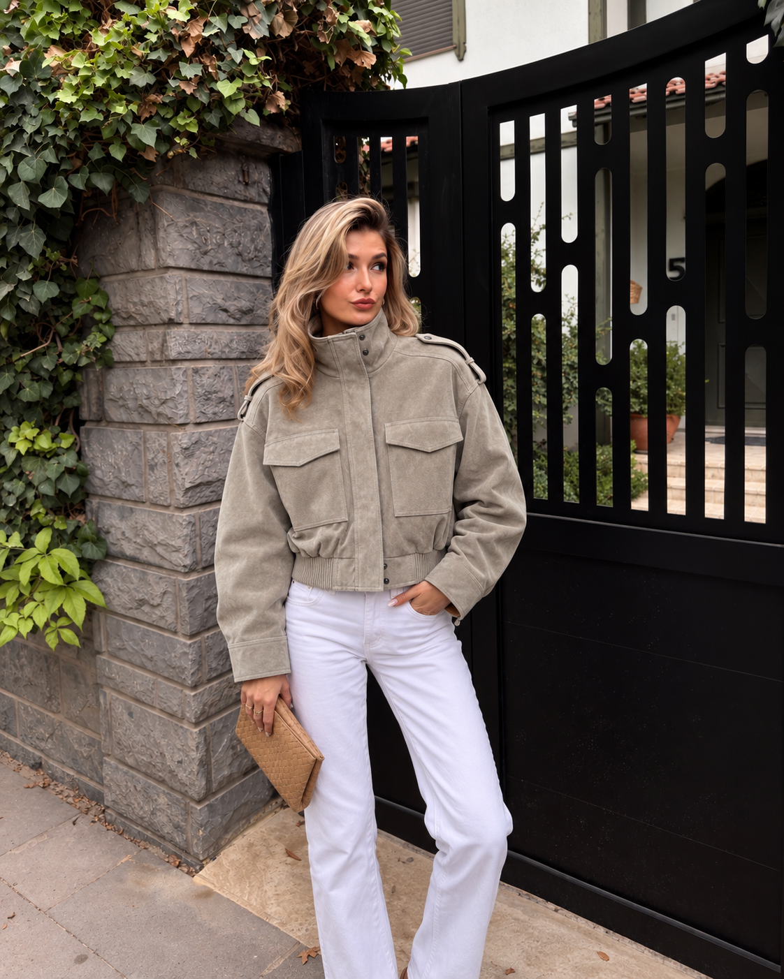 Wildleder Cropped Bomberjacke in Grau
