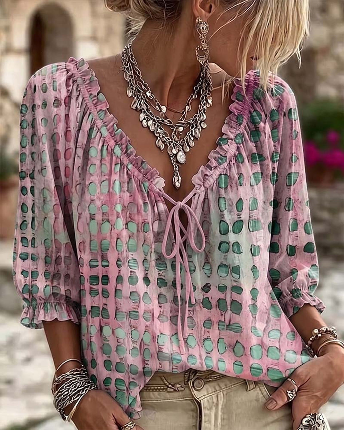 Boho Print Blusenshirt mit Bindenausschnitt