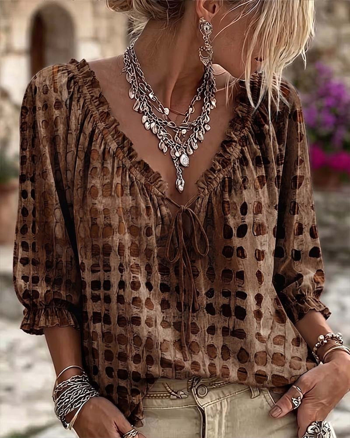 Boho Print Blusenshirt mit Bindenausschnitt