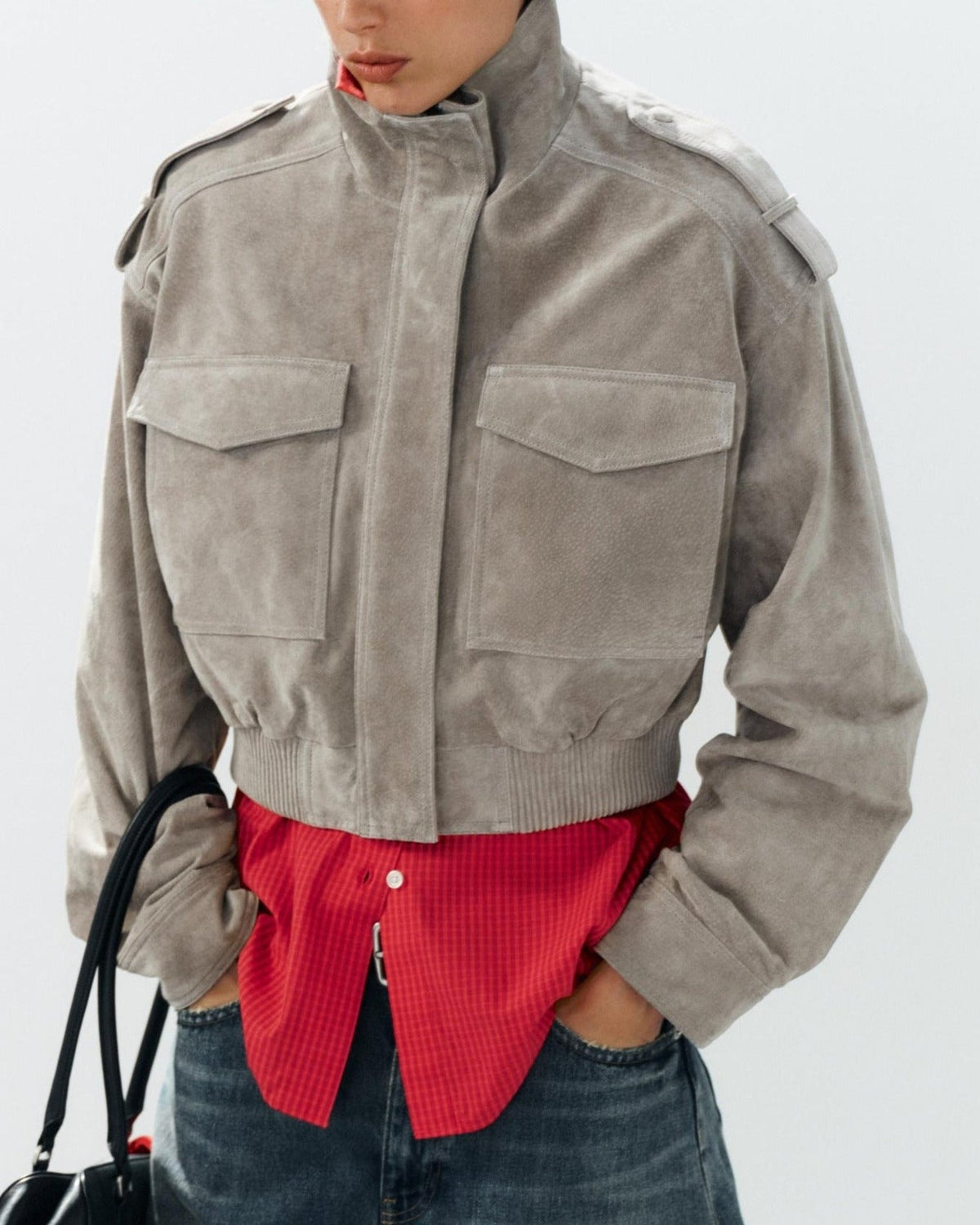 Wildleder Cropped Bomberjacke in Grau