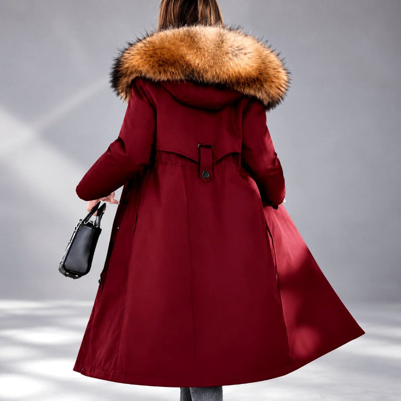 Damen Langer Parka-Mantel mit Fellkapuze und Fellfutter