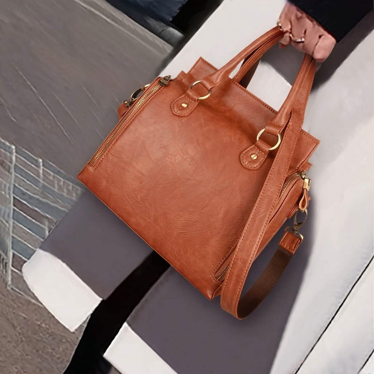 Vintage PU-Leder-Handtasche mit Multitaschen-Organizer-Einsatz