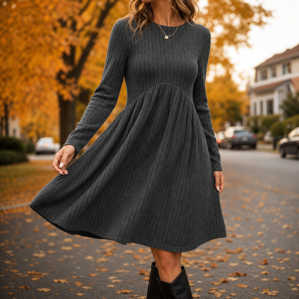 High-Waist Geripptes Strick-A-Linien-Midi-Kleid
