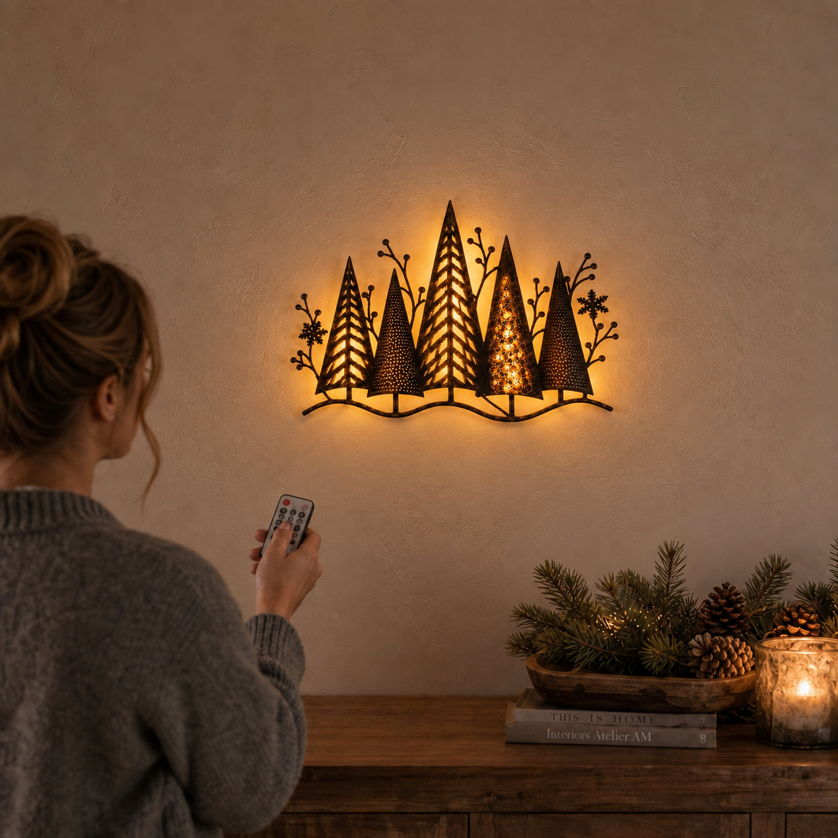 Mehrschichtige Metall-LED-Weihnachtswanddekoration mit Wald