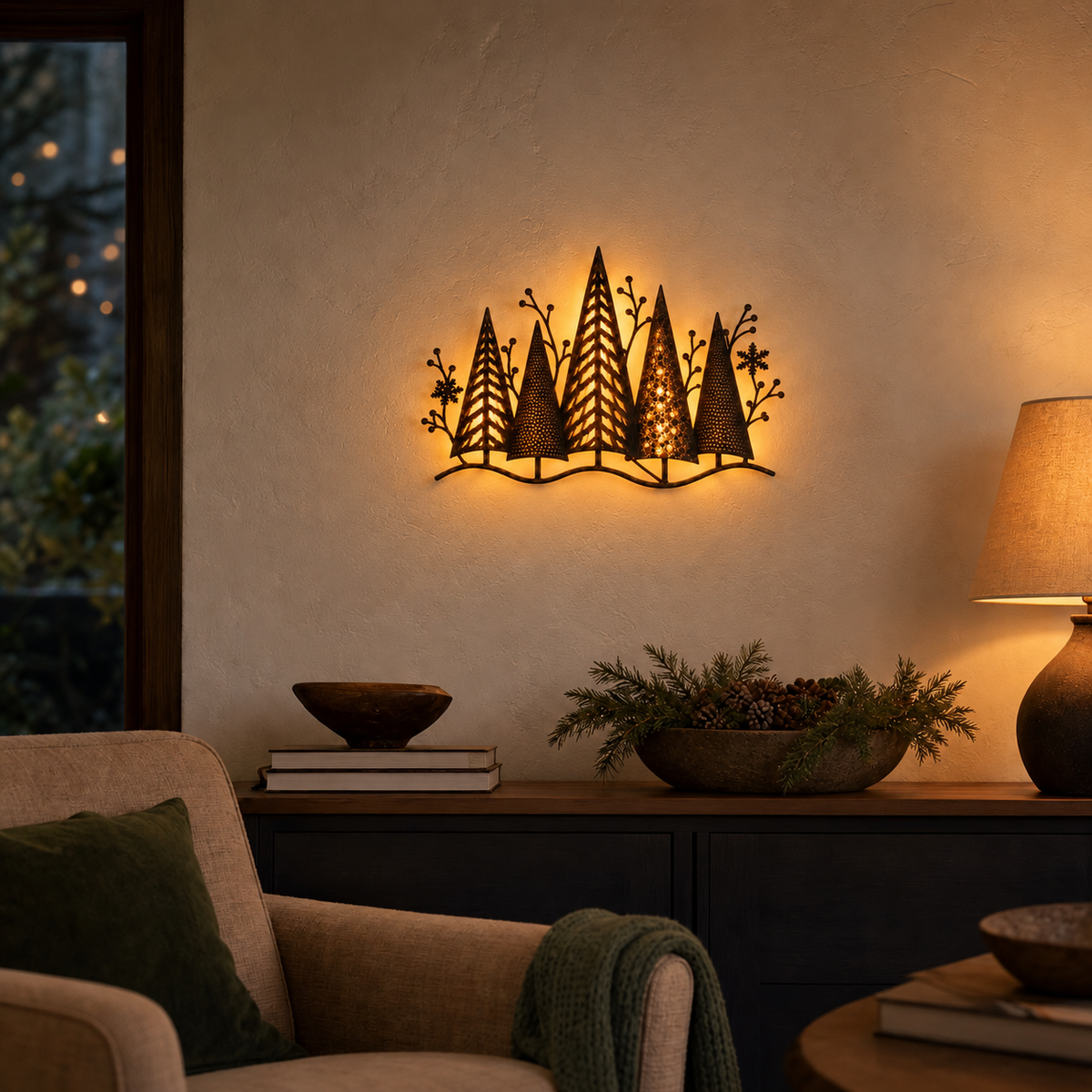 Mehrschichtige Metall-LED-Weihnachtswanddekoration mit Wald
