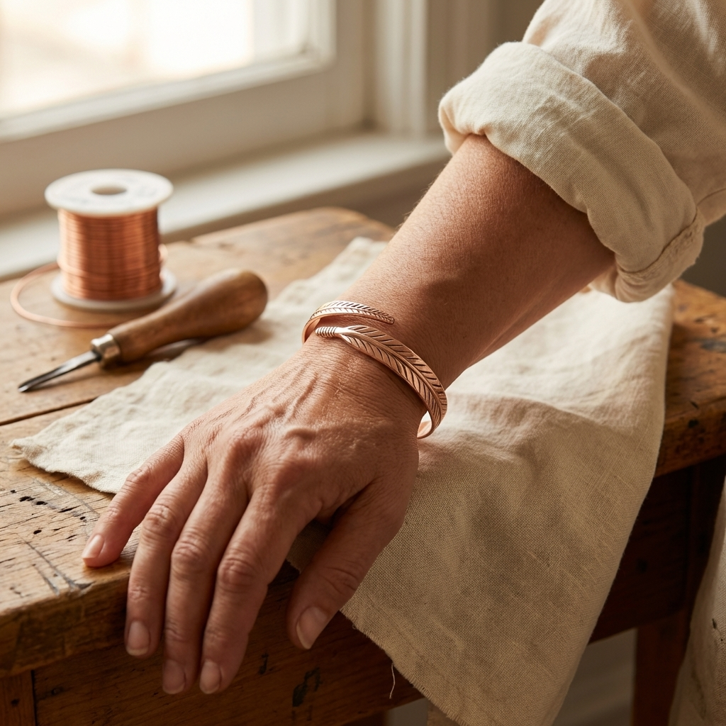 Handgraviertes Kupferarmband mit Federdesign für Gelenkunterstützung