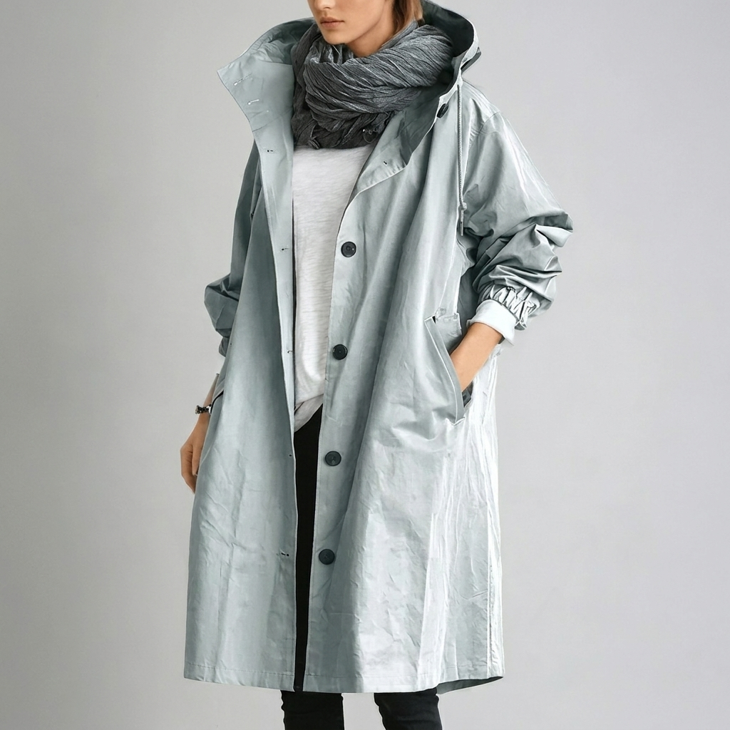 Damen Regenmantel mit Kapuze, Knopfleiste und langer Länge