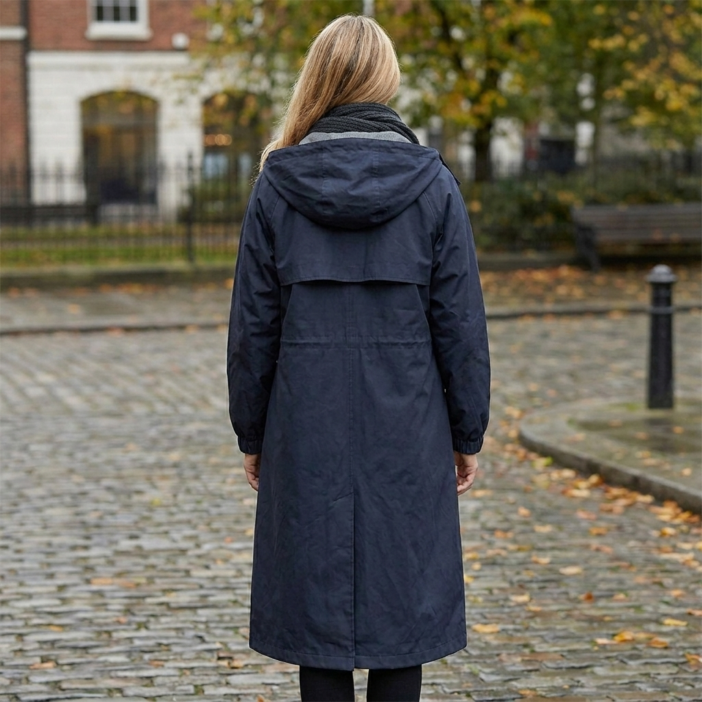 Damen Regenmantel mit Kapuze, Knopfleiste und langer Länge