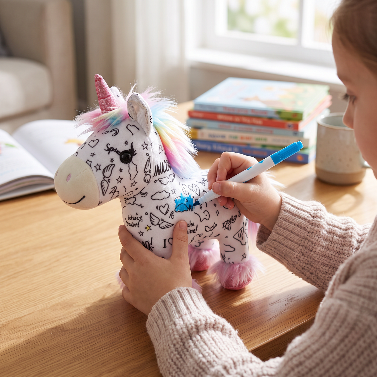 Waschbares Einhorn-Plüschtier zum Selbstausmalen mit 12 Markern