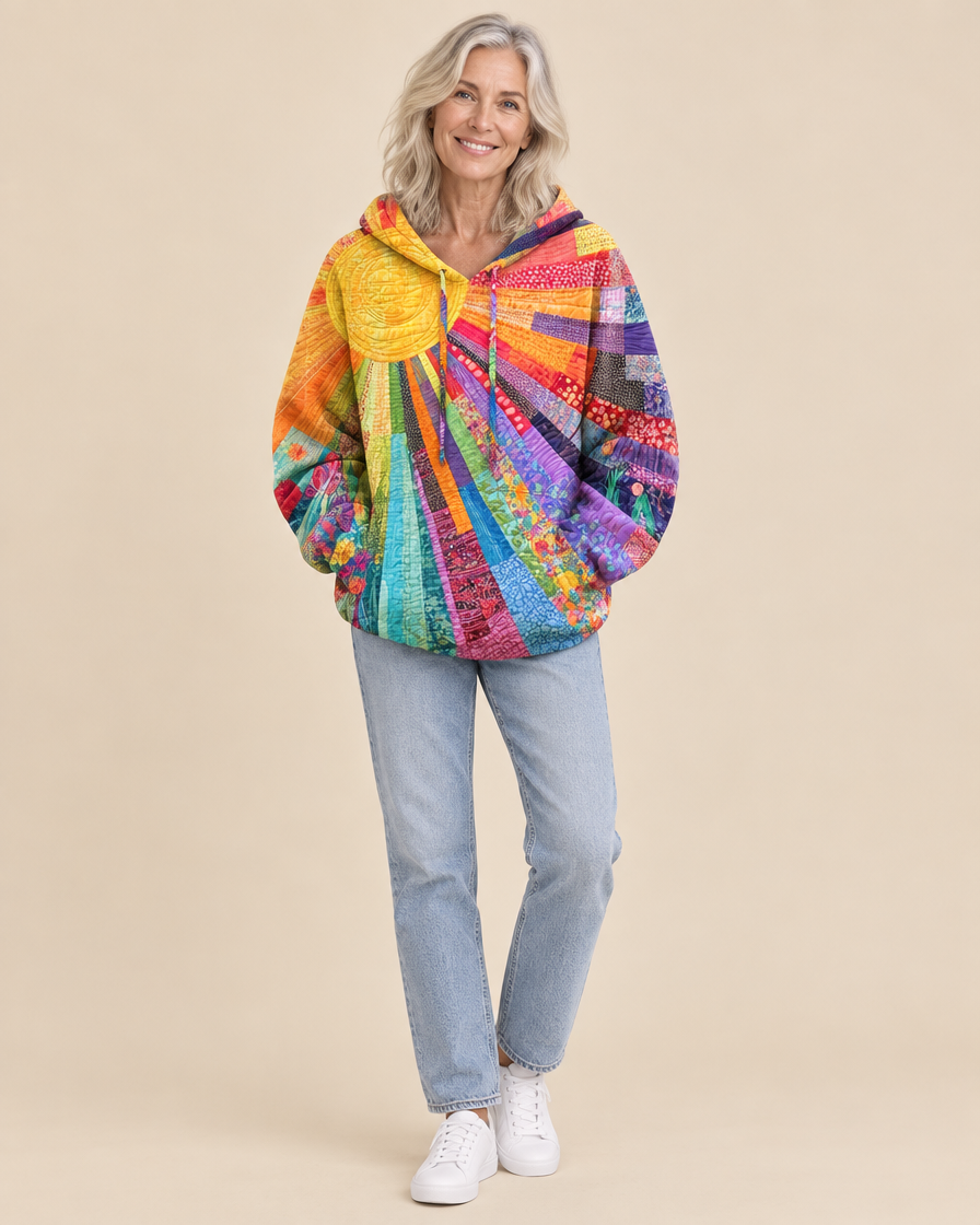 Damen Patchwork Sunburst Hoodie mit Kapuze mit Kordelzug – Entspannte Passform