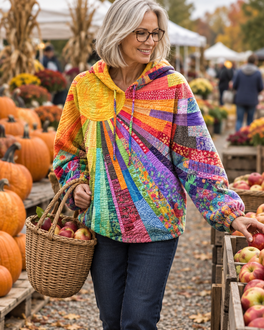 Damen Patchwork Sunburst Hoodie mit Kapuze mit Kordelzug – Entspannte Passform