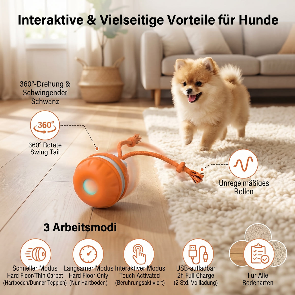 Nordspur | Langlebiger Hunde-Spielball mit Bewegungssensor und Zugseil in hundefreundlichen Farben