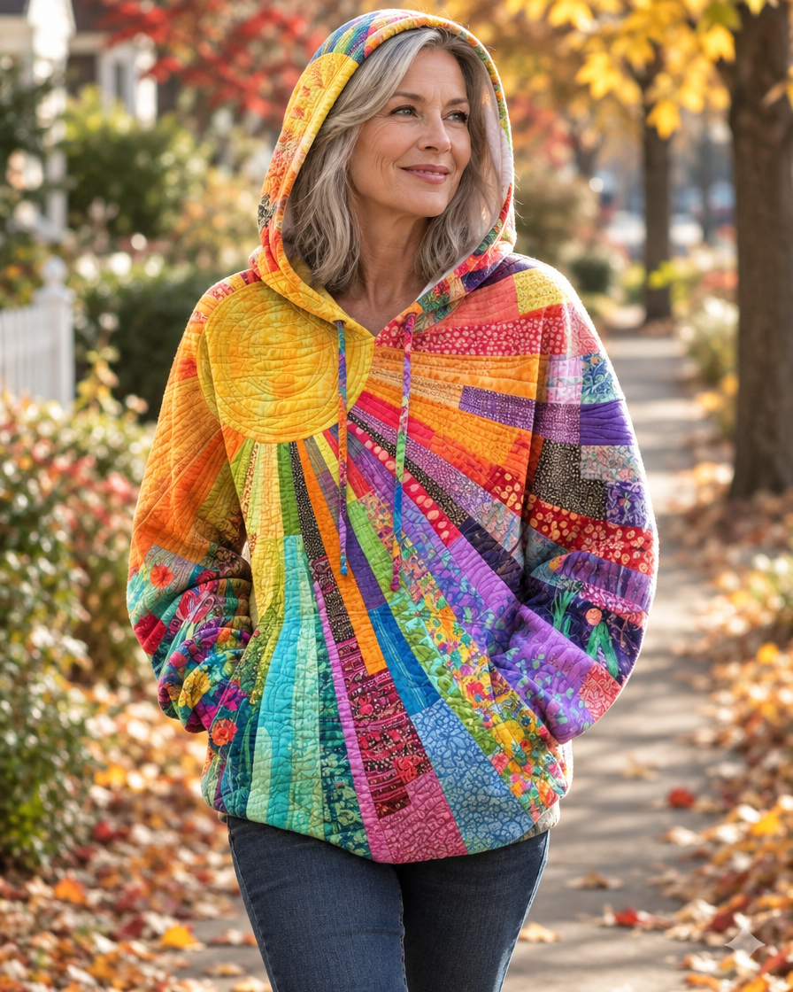 Damen Patchwork Sunburst Hoodie mit Kapuze mit Kordelzug – Entspannte Passform