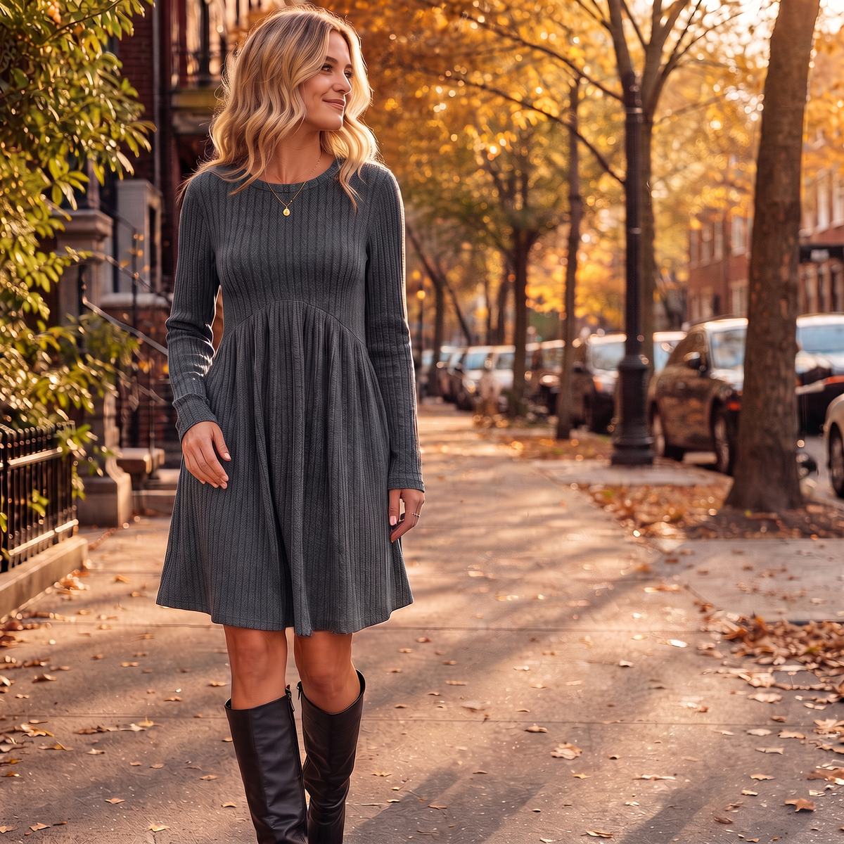 High-Waist Geripptes Strick-A-Linien-Midi-Kleid