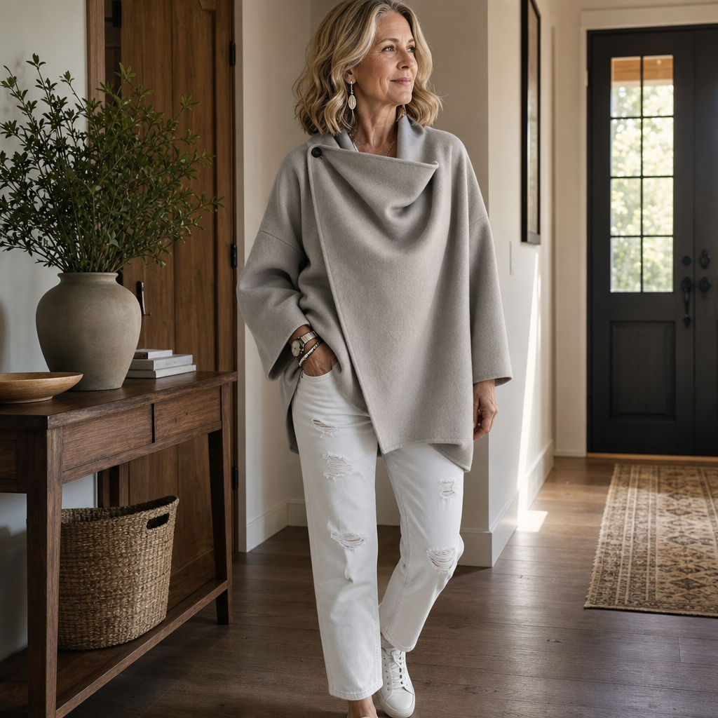 Asymmetrische Wickelcape-Jacke mit Knopfverschluss