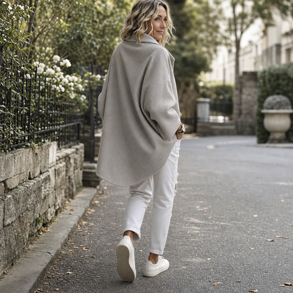 Asymmetrische Wickelcape-Jacke mit Knopfverschluss