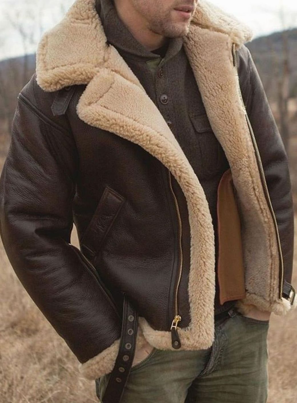 Herren Lammfell-gefütterte Aviator-Lederjacke mit Reißverschluss