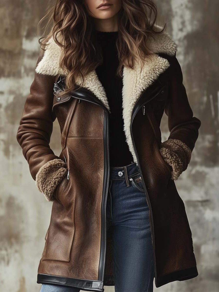 Langer Vintage-Ledermantel mit Kunstfellkragen für Damen