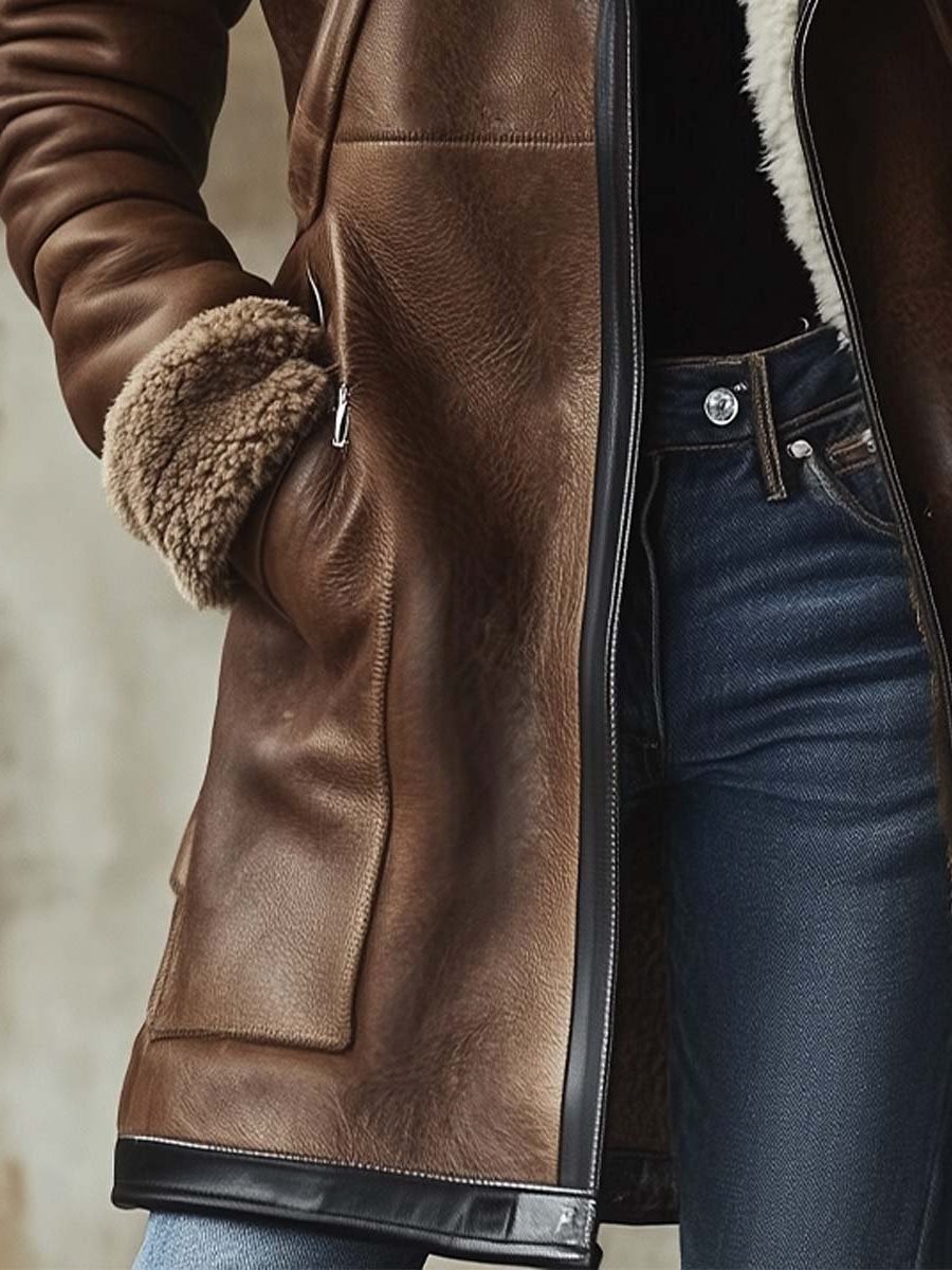 Langer Vintage-Ledermantel mit Kunstfellkragen für Damen