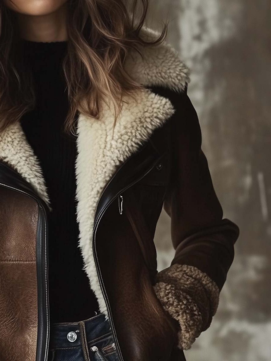 Langer Vintage-Ledermantel mit Kunstfellkragen für Damen