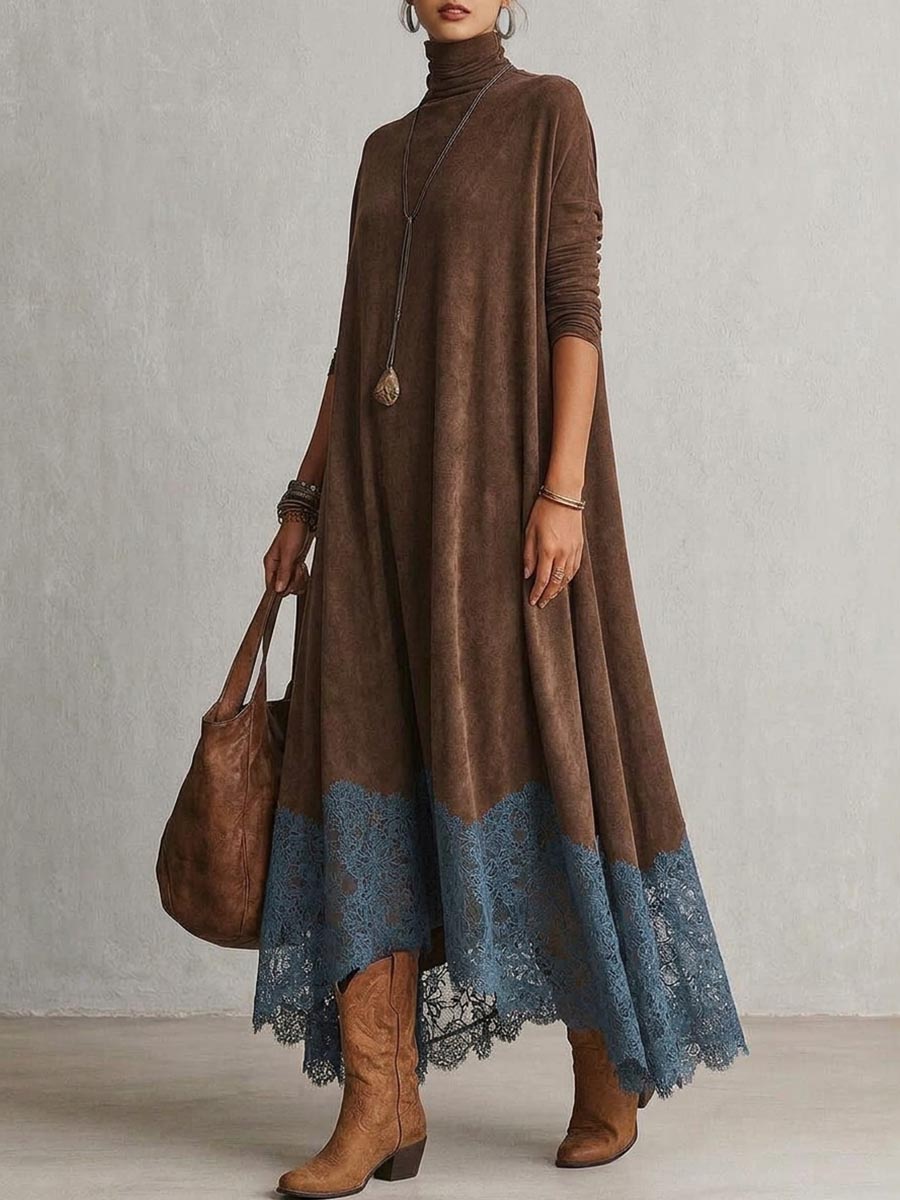A-Linien-Kleid mit hohem Kragen, Spitzenpaneelen und langen Ärmeln