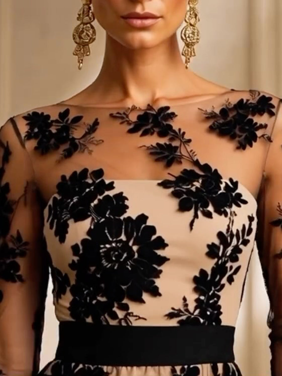 Blumenspitze Midi Abendkleid