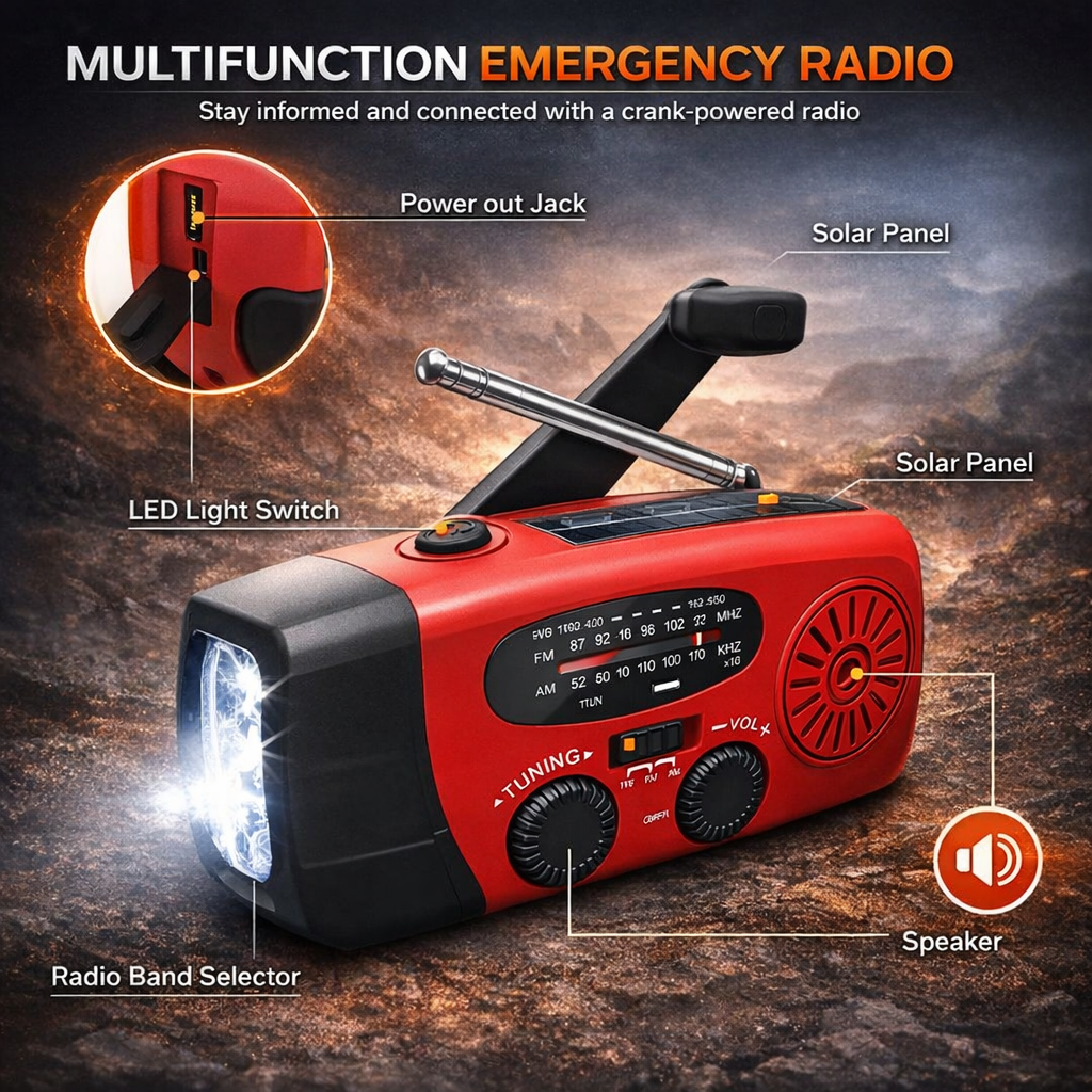 Notfall-Handkurbel-Radio - Solar- und USB-aufladbares Wetter-Radio mit Taschenlampe für Camping und Outdoor-Nutzung