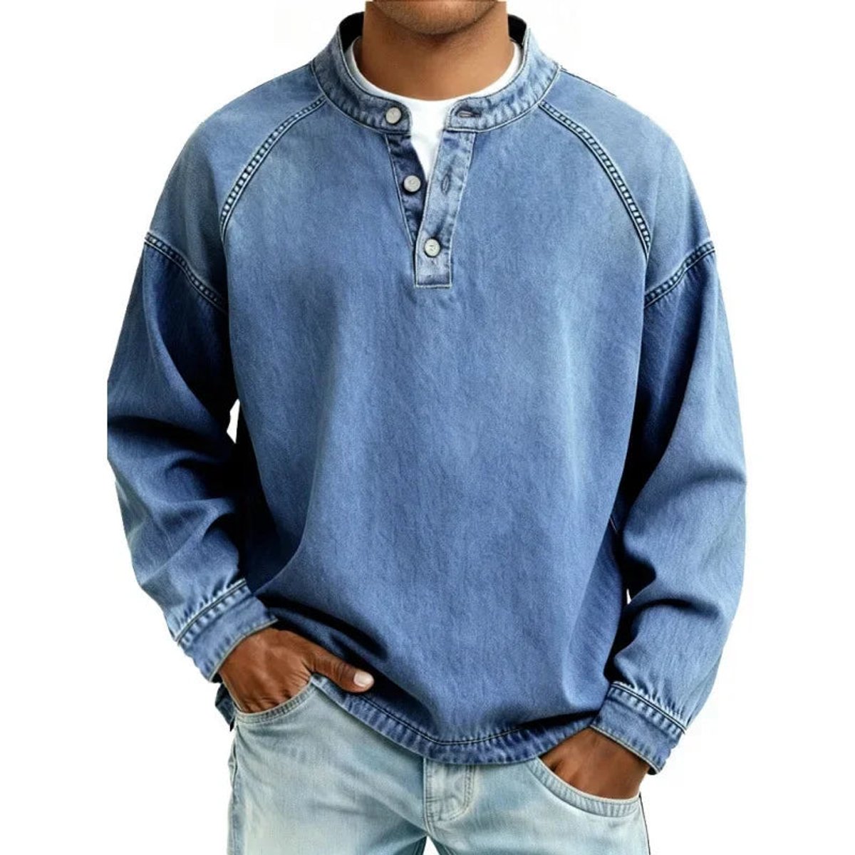 Herren Vintage-Wash Denim-Look Henley Pullover Sweatshirt
