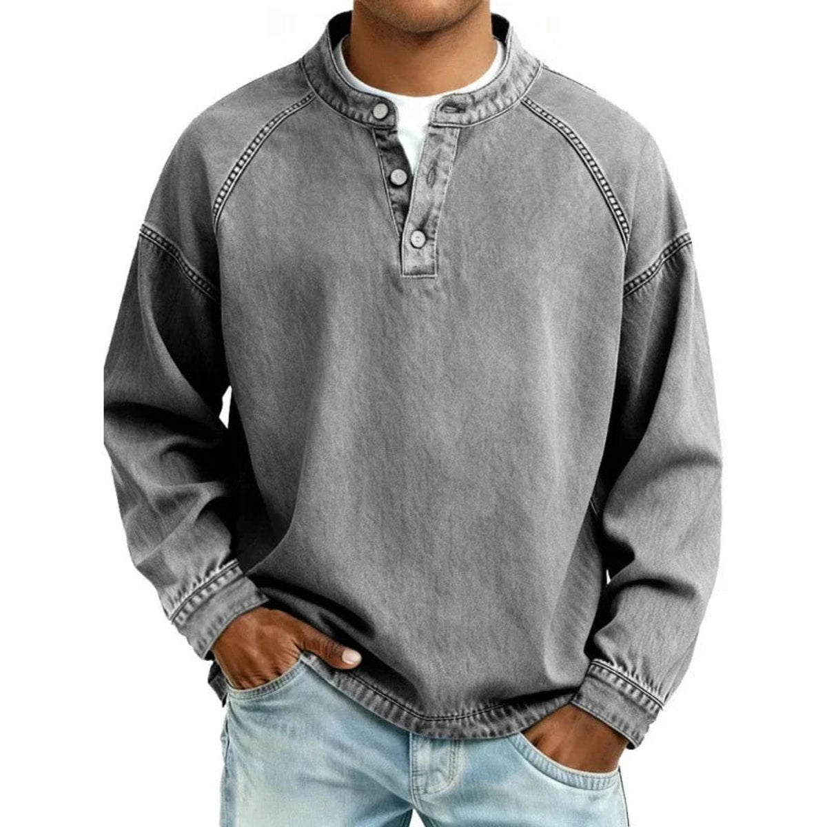 Herren Vintage-Wash Denim-Look Henley Pullover Sweatshirt