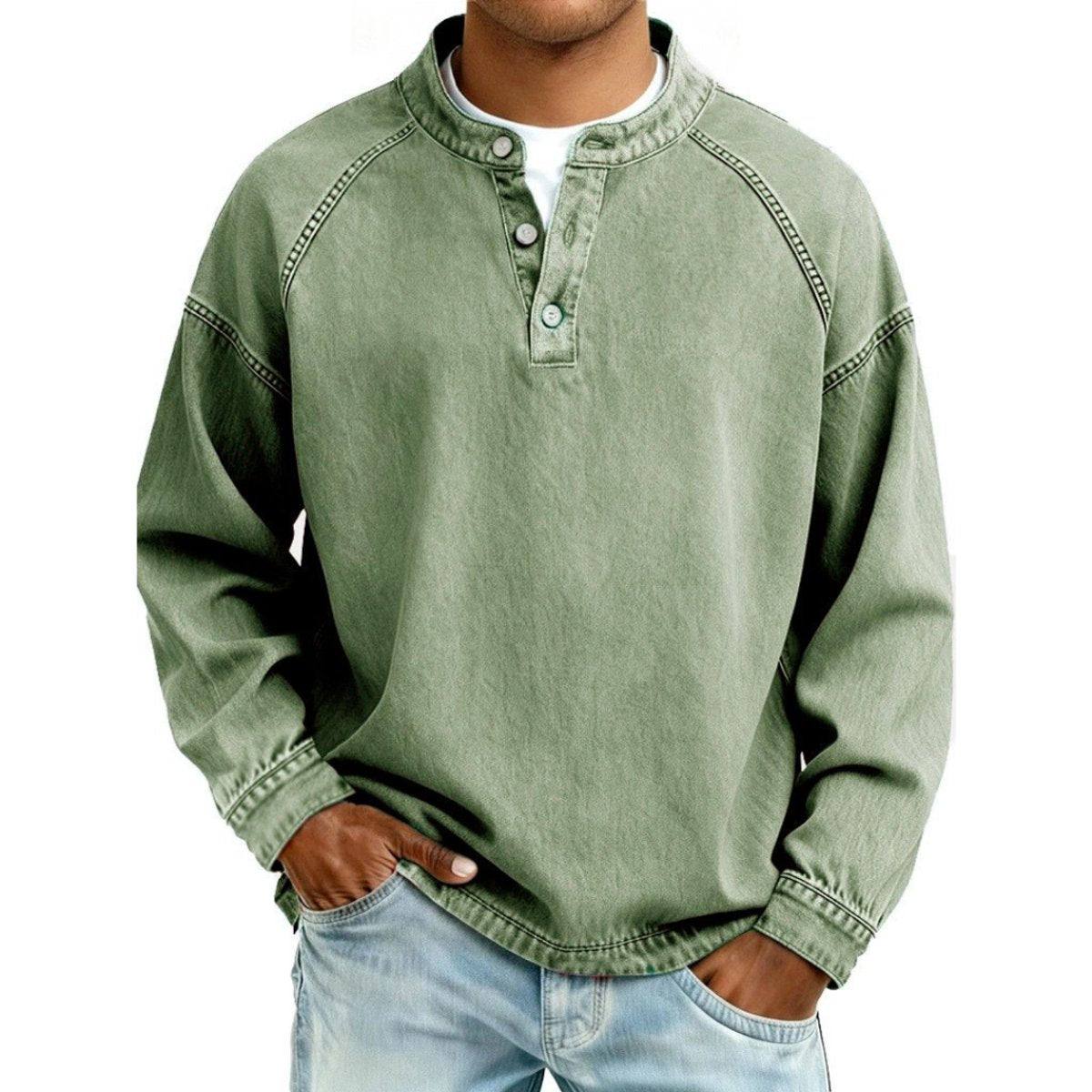Herren Vintage-Wash Denim-Look Henley Pullover Sweatshirt