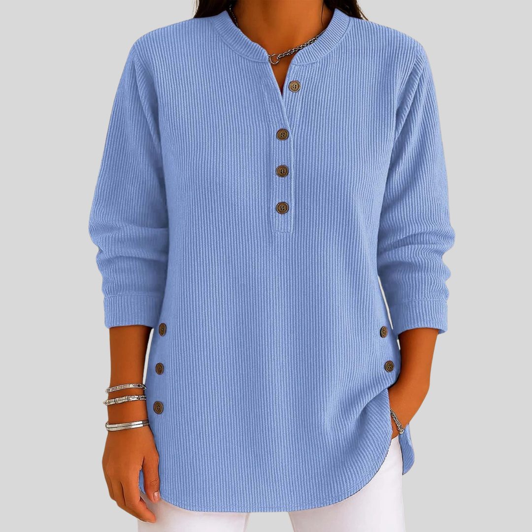 Gerippter Strickpullover mit Rundhalsausschnitt und Knopfleiste für Damen