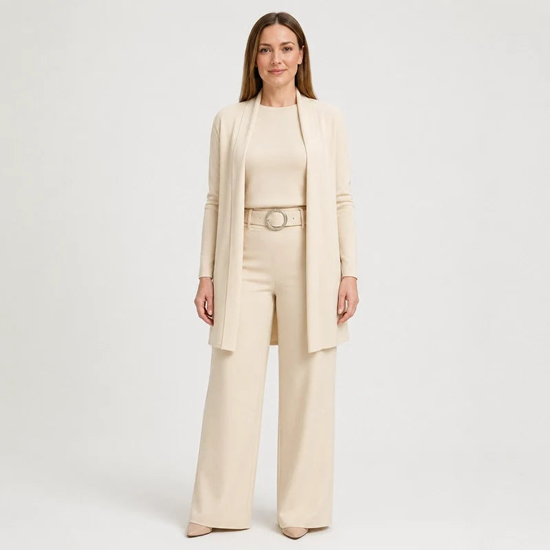 3-teiliges geripptes Strick-Reise- & Lounge-Set (Cardigan + Top + Hose mit weitem Bein)