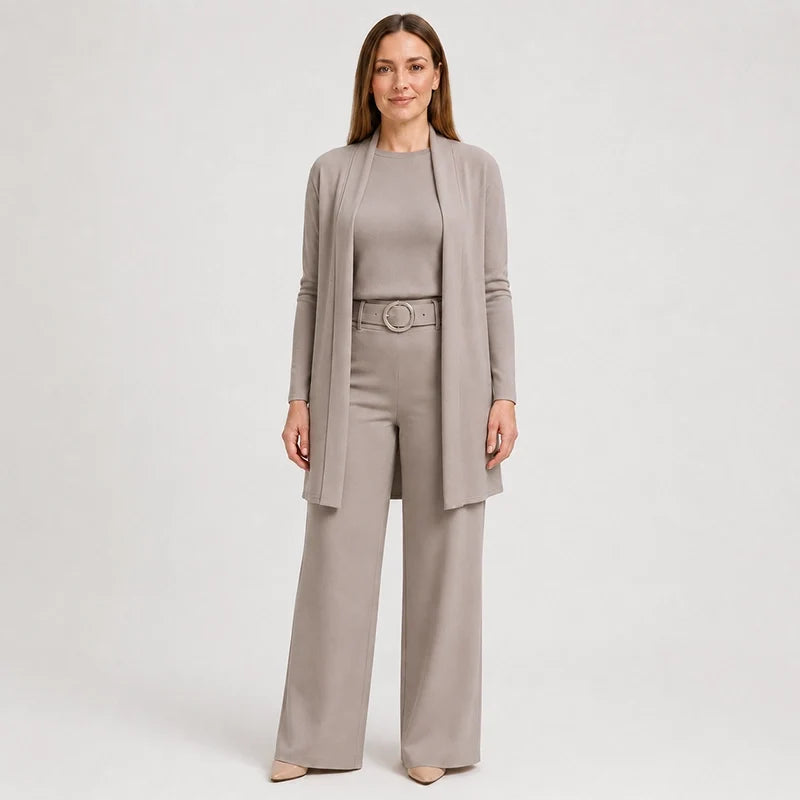 3-teiliges geripptes Strick-Reise- & Lounge-Set (Cardigan + Top + Hose mit weitem Bein)