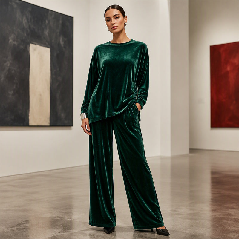 Samt-Set für Damen – Langarm-Oberteil & weit geschnittene Hose