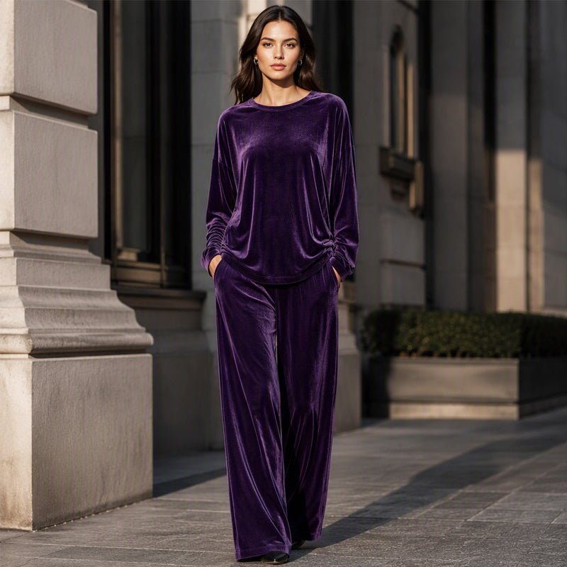 Damen Samt Langarm-Top & Hose mit weitem Bein Set