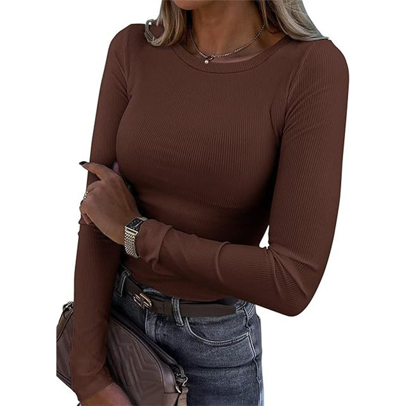 Geripptes klassisches Damen-Stricktop mit Rundhalsausschnitt