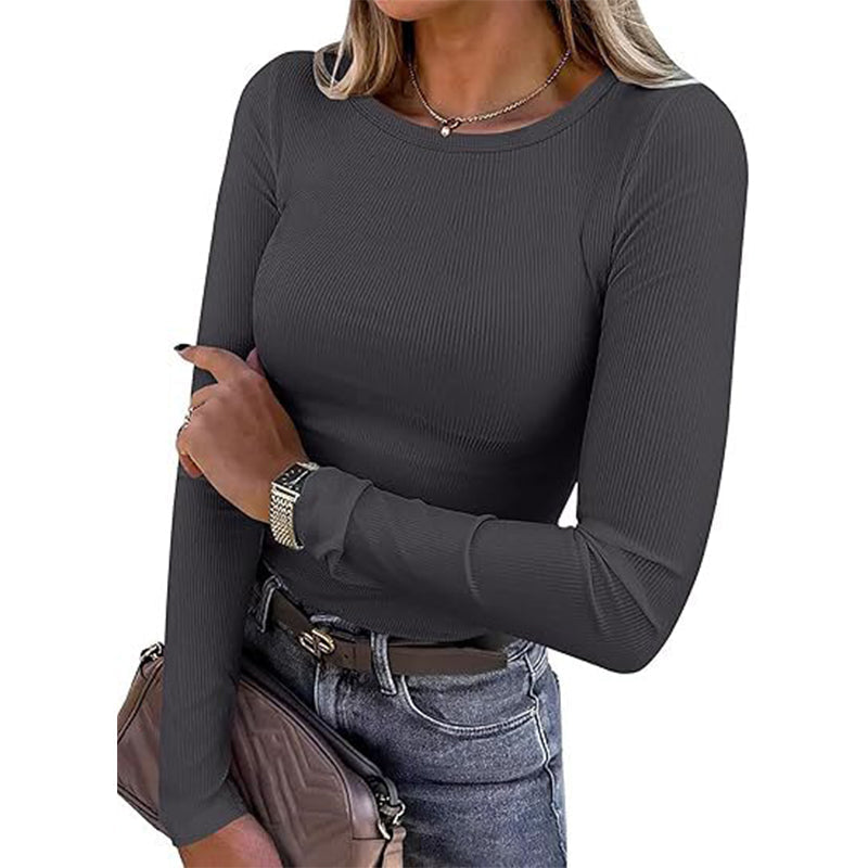 Geripptes klassisches Damen-Stricktop mit Rundhalsausschnitt
