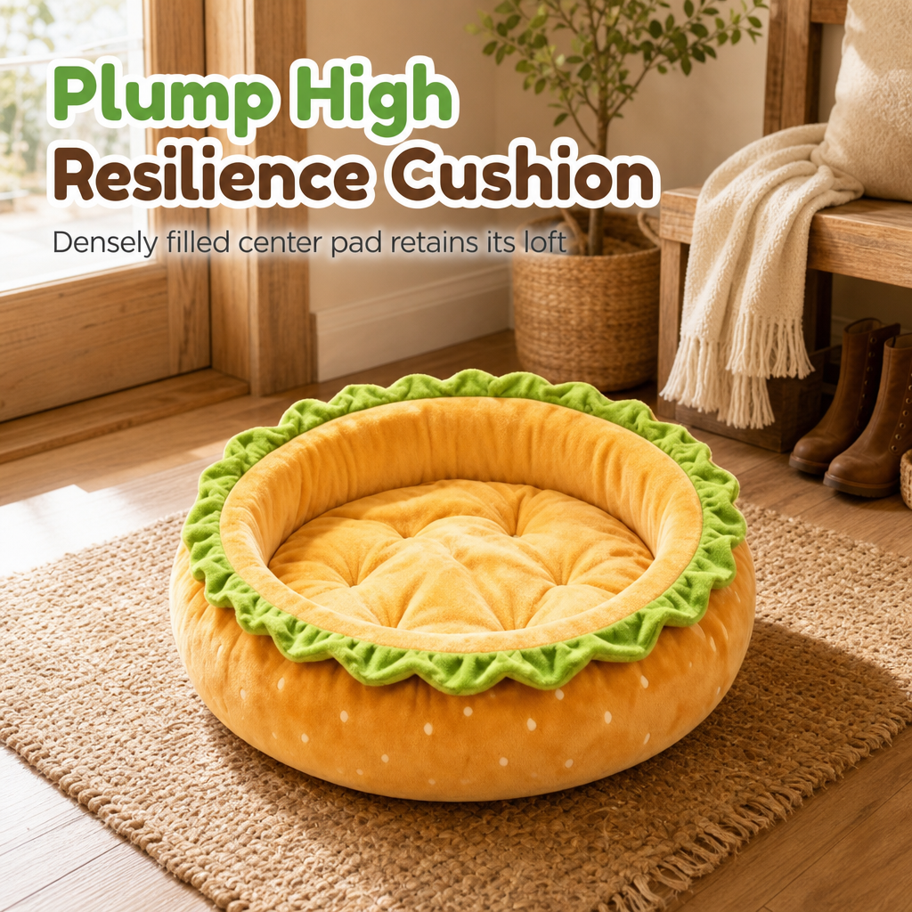 Süßes Hamburger-förmiges Haustierbett Warmes kuscheliges rundes Hundebett-Kissen für alle Jahreszeiten