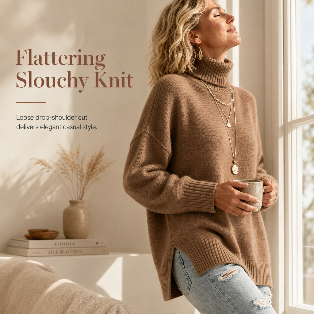 Damen Locker Sitzender Gestrickter Rollkragenpullover