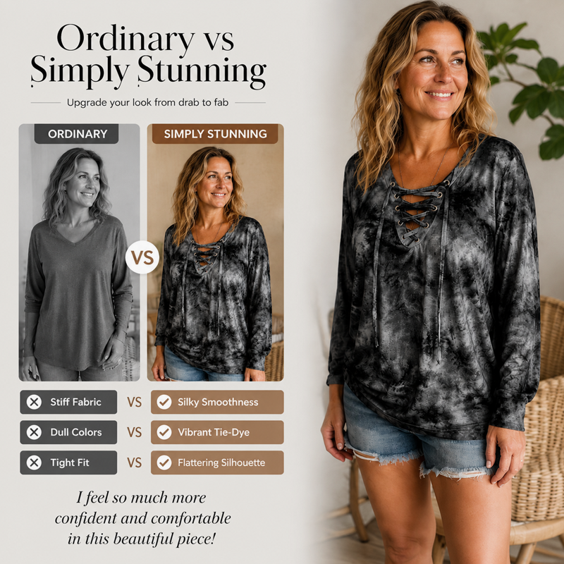 Damen Batik V-Ausschnitt Top mit Schnürung