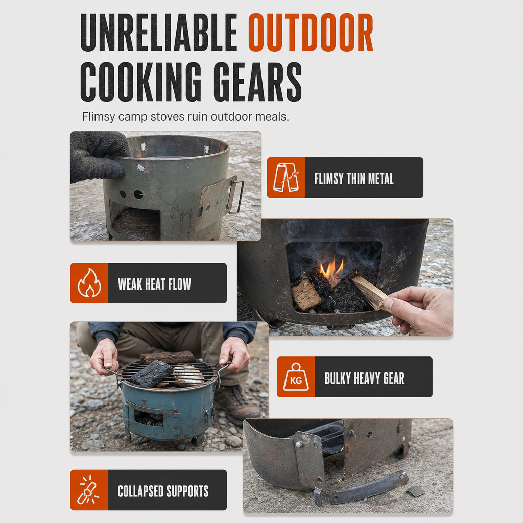Robuster Tragbarer Holz- und Kohle-Campingkocher – Hocheffizienter Bodenzug-Luftstrom für Raucharme Verbrennung, Verstärkter Verformungsresistenter Kohlenstoffstahl & Vielseitiger 3-in-1 Kochen Grille