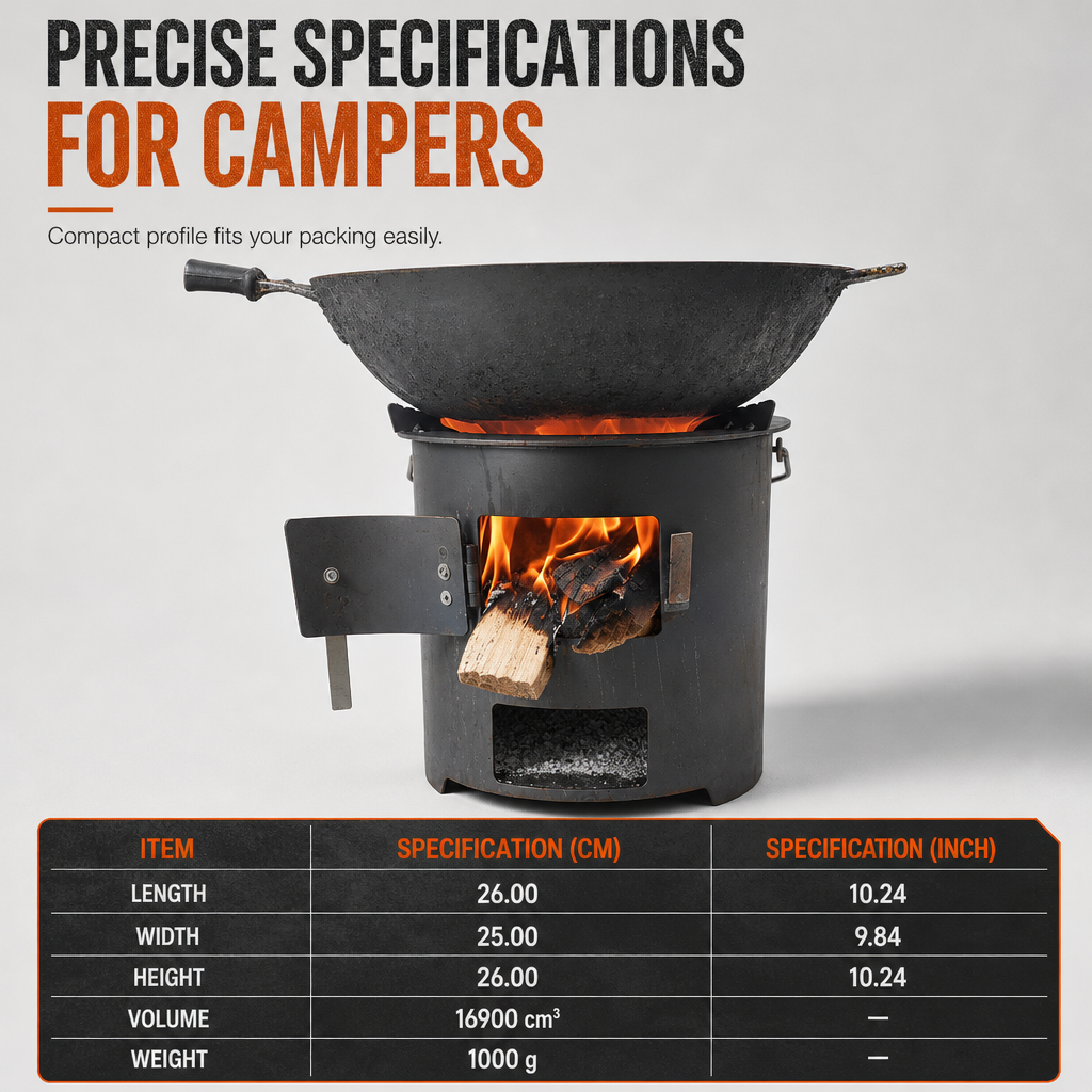 Robuster Tragbarer Holz- und Kohle-Campingkocher – Hocheffizienter Bodenzug-Luftstrom für Raucharme Verbrennung, Verstärkter Verformungsresistenter Kohlenstoffstahl & Vielseitiger 3-in-1 Kochen Grille