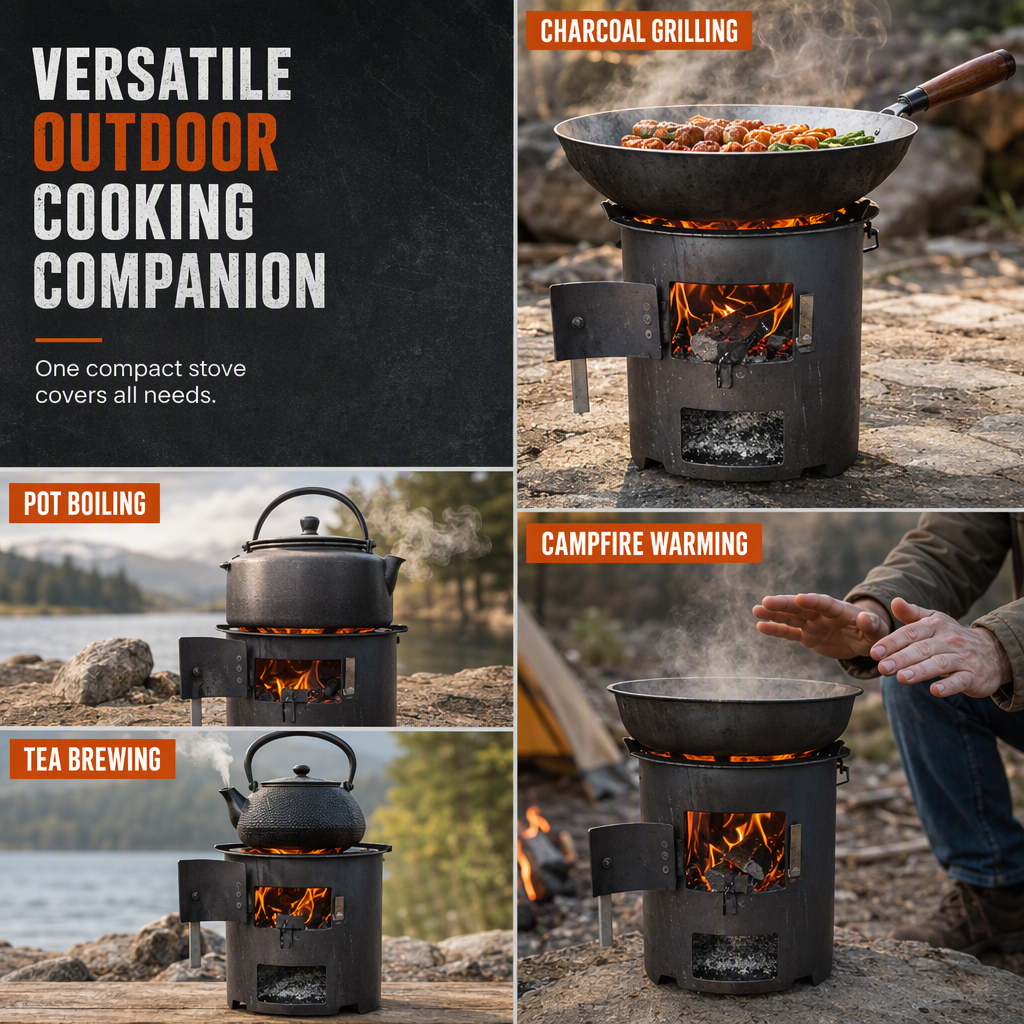 Robuster Tragbarer Holz- und Kohle-Campingkocher – Hocheffizienter Bodenzug-Luftstrom für Raucharme Verbrennung, Verstärkter Verformungsresistenter Kohlenstoffstahl & Vielseitiger 3-in-1 Kochen Grille