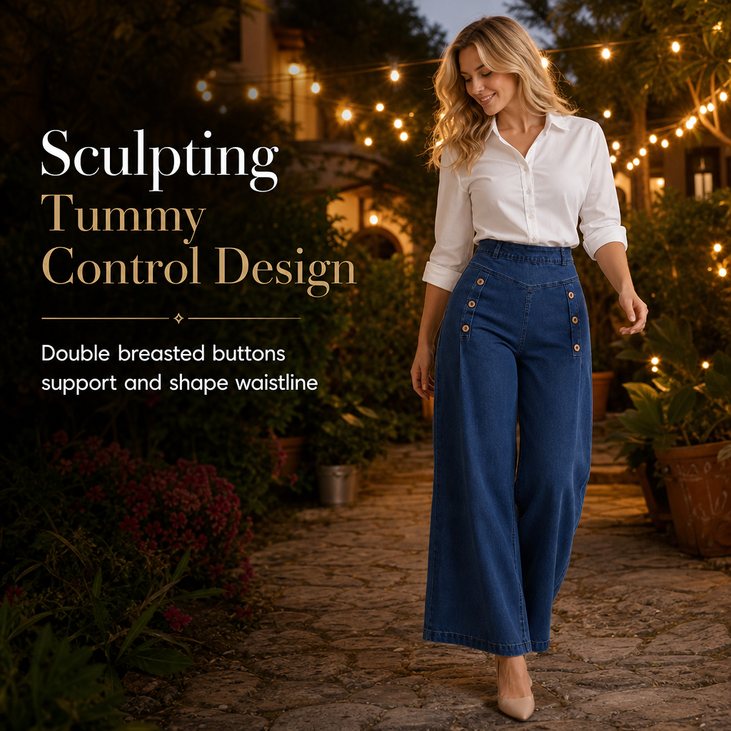 High Waisted Wide Leg Stretch Denim Jeans mit dekorativen Knöpfen