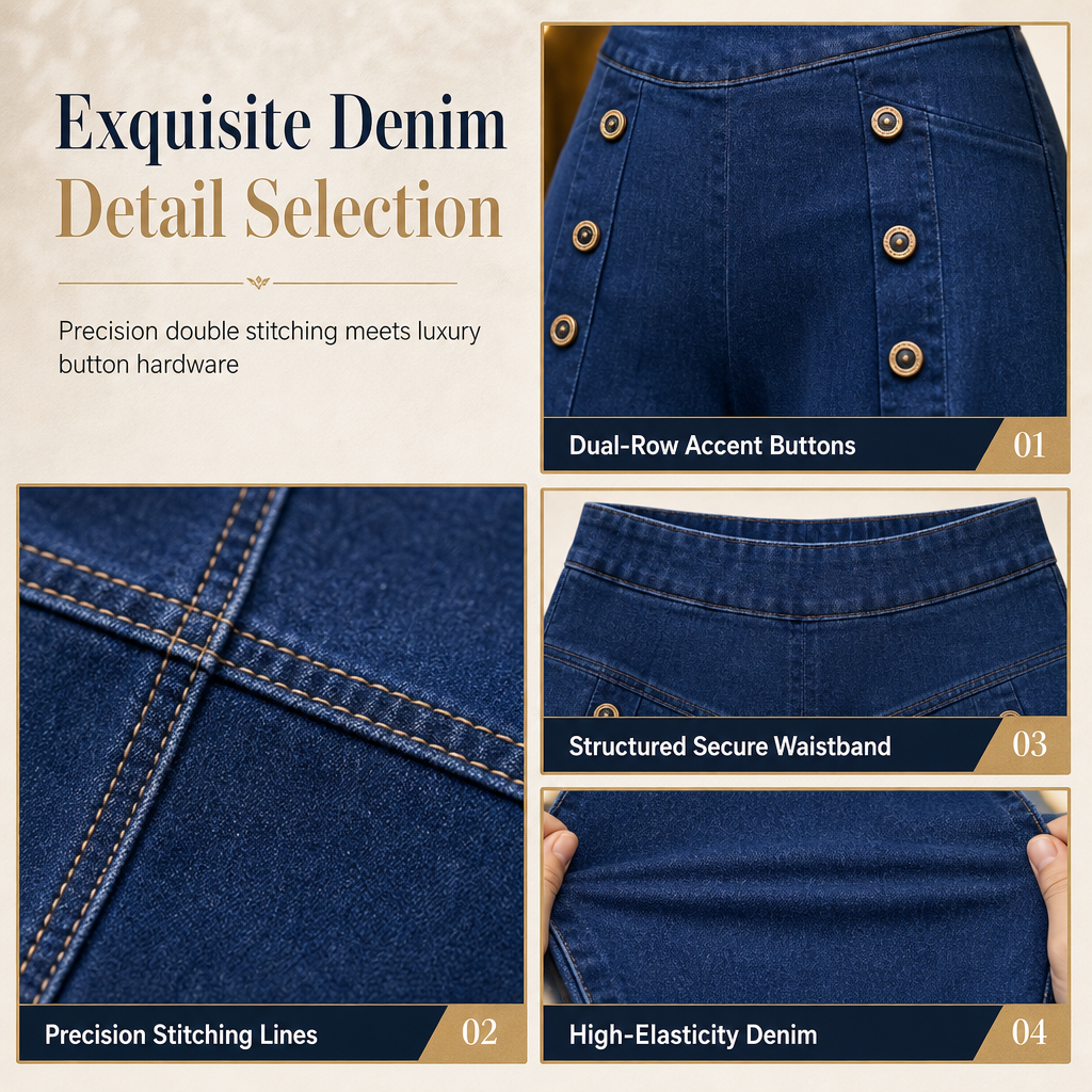 High Waisted Wide Leg Stretch Denim Jeans mit dekorativen Knöpfen