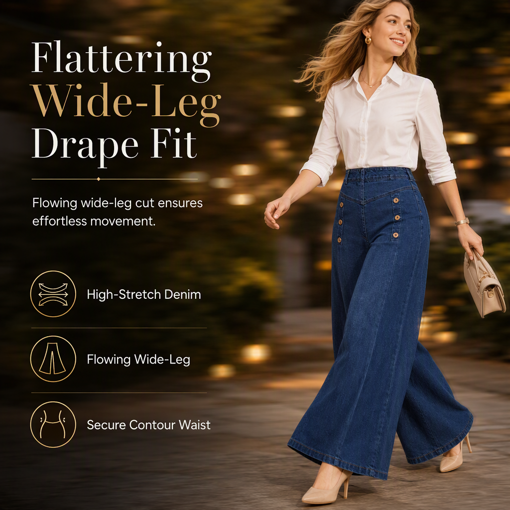 High Waisted Wide Leg Stretch Denim Jeans mit dekorativen Knöpfen