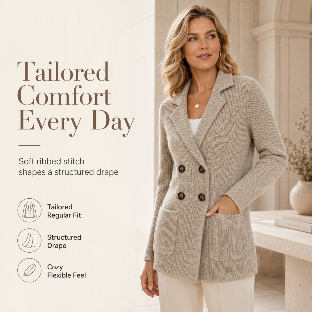 Damen Doppelreihige Gerippte Strick-Cardigan mit Taschen und Gekerbtem Revers