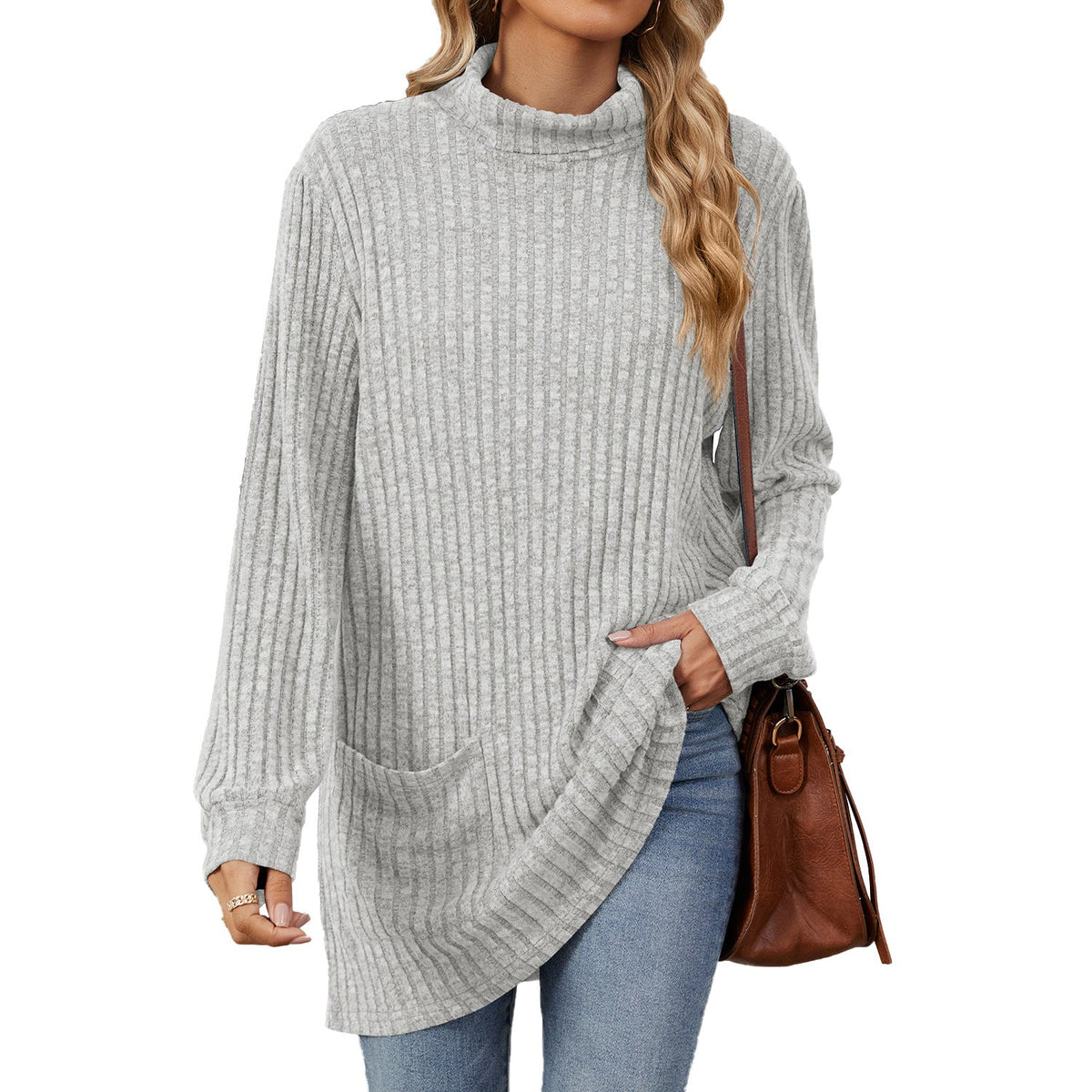 Locker sitzendes T-Shirt für Damen mit hohem Kragen und langen Ärmeln